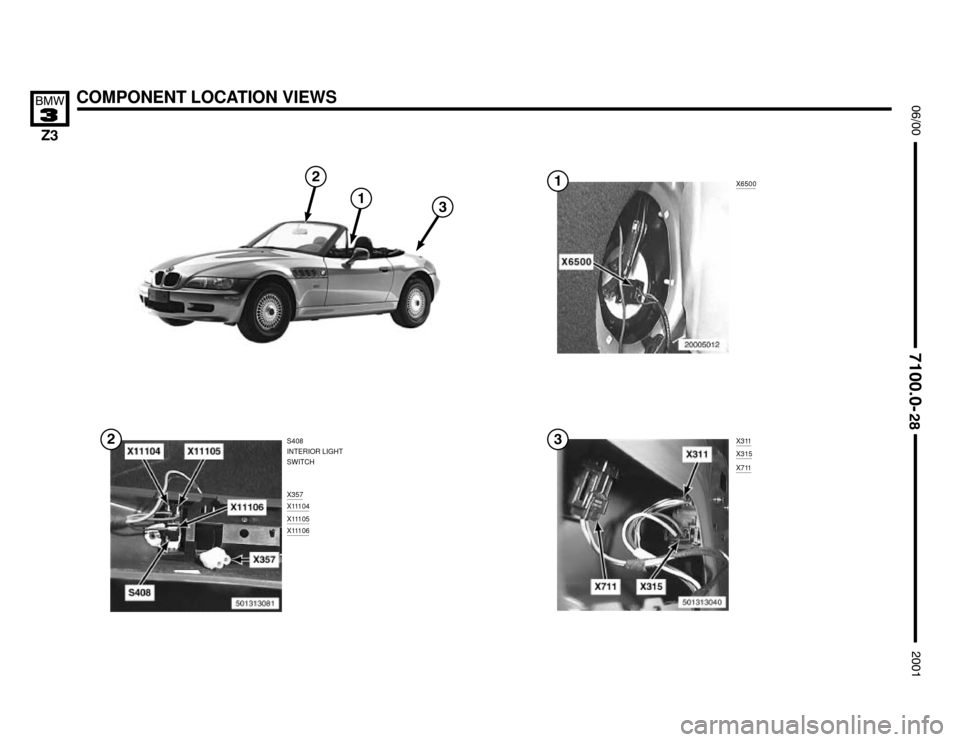 BMW Z3M ROADSTER 2001 E36 Electrical Troubleshooting Manual X6500
COMPONENT LOCATION VIEWS




S408
INTERIOR LIGHT
SWITCH
X357
X11104


X11105X11106




X311
X315
X711

 