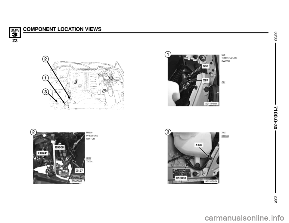 BMW Z3M COUPE 2001 E36 Electrical Troubleshooting Manual 

X137X10088
X127X10241
COMPONENT LOCATION VIEWS




S36
TEMPERATURE
SWITCH
X87
B9508
PRESSURE
SWITCH





 