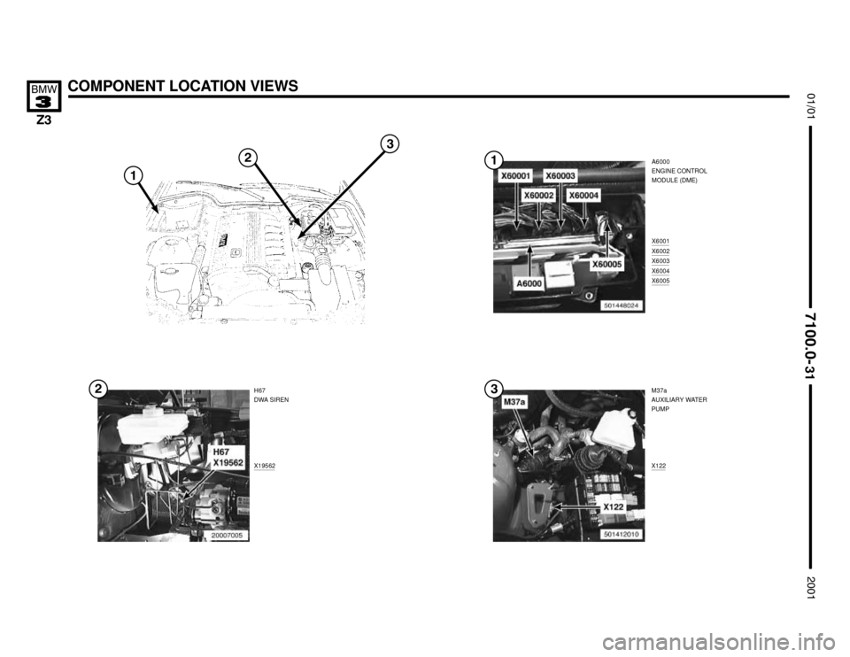 BMW Z3M COUPE 2001 E36 Electrical Troubleshooting Manual 

X122X19562
COMPONENT LOCATION VIEWS



A6000
ENGINE CONTROL
MODULE (DME)
X6001
X6002X6003X6004X6005
H67
DWA SIREN

M37a
AUXILIARY WATER
PUMP



 