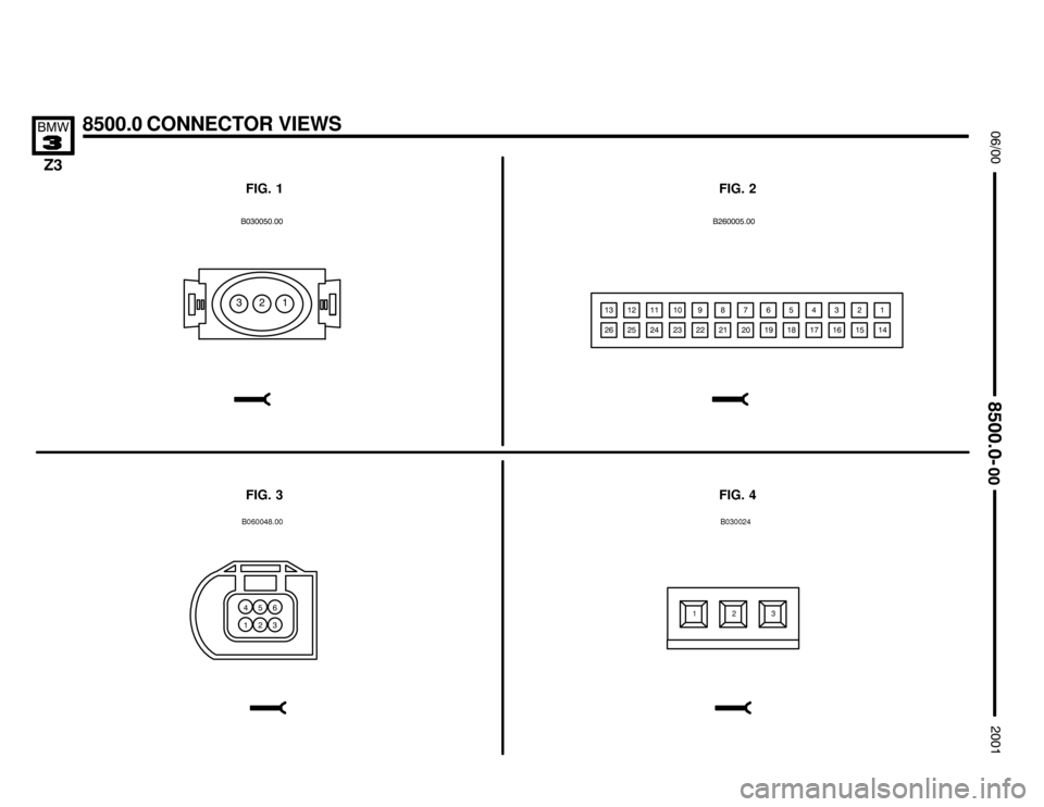 BMW Z3M COUPE 2001 E36 Electrical Troubleshooting Manual B060048.00


8500.0 CONNECTOR VIEWS
	


FIG. 4 FIG. 3


%



















FIG. 1FIG. 2

%
  





123B03002