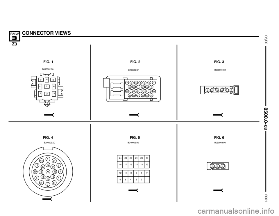 BMW Z3M COUPE 2001 E36 Electrical Troubleshooting Manual 

CONNECTOR VIEWS

	


FIG. 1 FIG. 2 FIG. 3
FIG. 6 FIG. 5 FIG. 4
%

 
 

 

 
 
     
       
 
 
 
  
 


%
