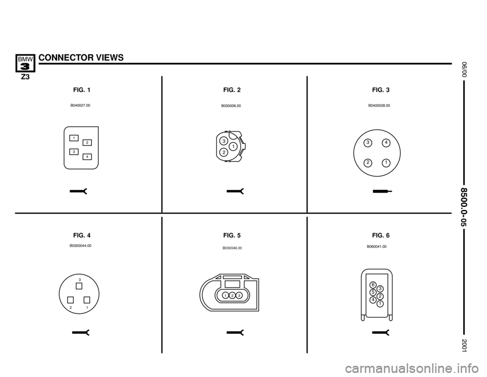 BMW Z3M COUPE 2001 E36 Electrical Troubleshooting Manual 

CONNECTOR VIEWS

	

	
FIG. 1
FIG. 4FIG. 6

%

 
FIG. 3
FIG. 5
%


FIG. 2
 
%

%
   



%
 

B030049.00
