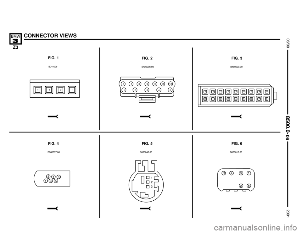 BMW Z3M COUPE 2001 E36 Electrical Troubleshooting Manual 	




CONNECTOR VIEWS


FIG. 1
FIG. 3
FIG. 4FIG. 6 FIG. 5
  
321 B0400264
      


    
%%



%






%
12345 6789
10