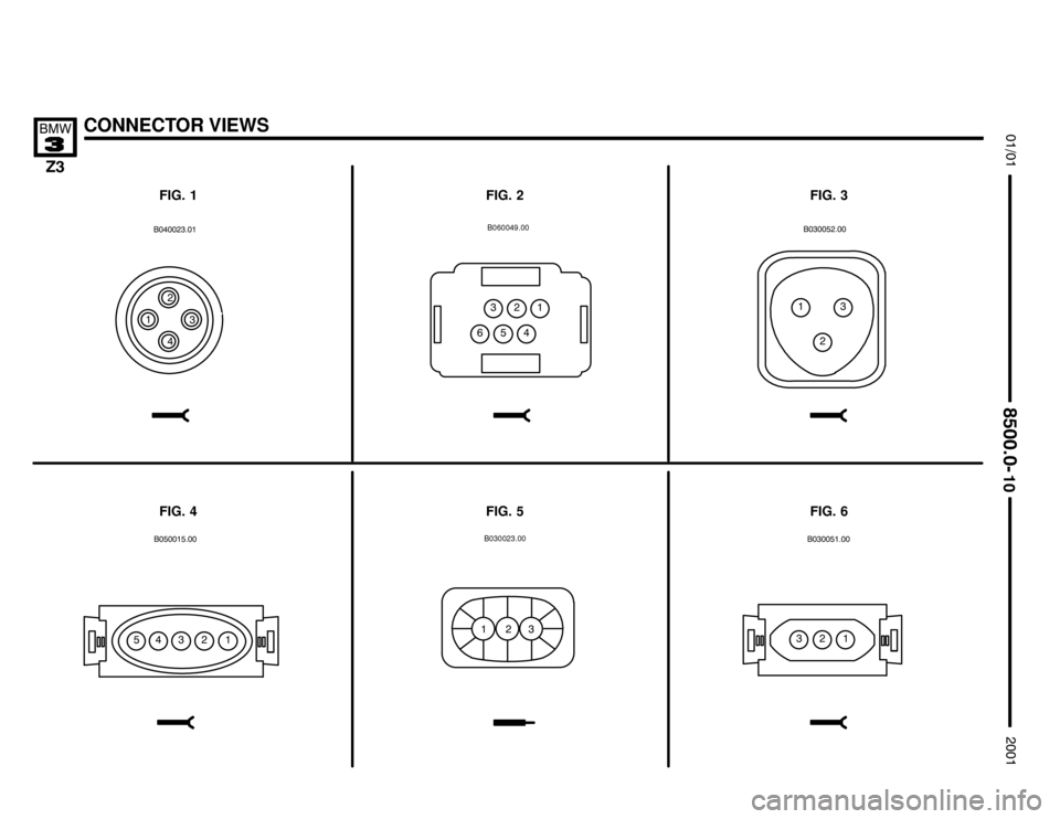 BMW Z3M COUPE 2001 E36 Electrical Troubleshooting Manual B030023.00

%B060049.00%


CONNECTOR VIEWS
	


FIG. 1
FIG. 4FIG. 6FIG. 3
FIG. 5
FIG. 2


 
 

  

 

%
  


%
    
 