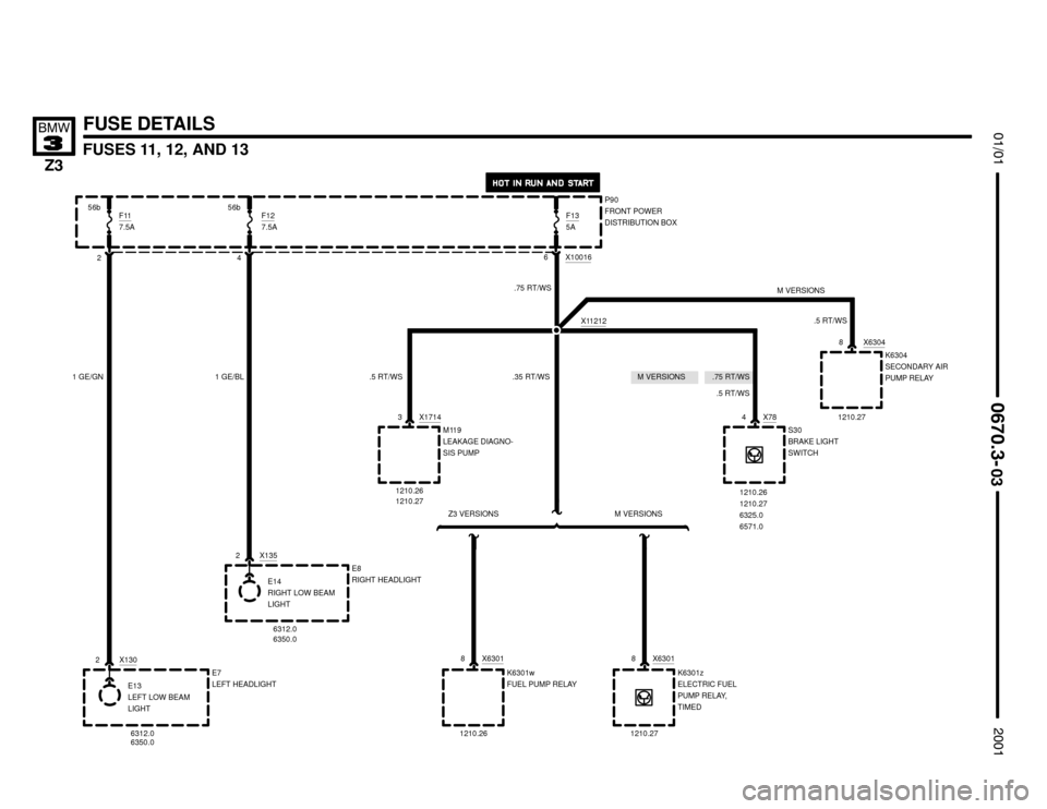 BMW Z3M COUPE 2001 E36 Electrical Troubleshooting Manual .75 RT/WS


FUSES 11, 12, AND 13




FUSE DETAILS
P90
FRONT POWER
DISTRIBUTION BOX
6 X100162
E14
RIGHT LOW BEAM
LIGHT
4
E13
LEFT LOW BEAM
LIGHT
2 X135
2 X130
6312.0
6350.0
631