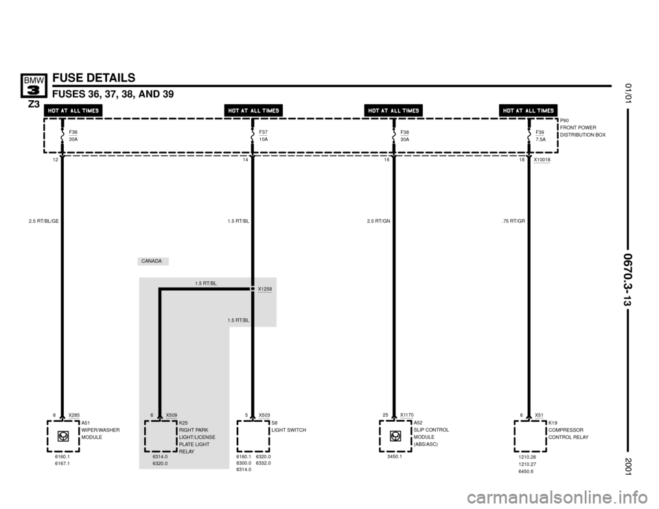 BMW Z3M COUPE 2001 E36 Electrical Troubleshooting Manual 1210.26
1210.27
6450.6


6332.0
FUSES 36, 37, 38, AND 39





FUSE DETAILS
12
X5035
S8
LIGHT SWITCHX51K19
COMPRESSOR
CONTROL RELAY
141618 X10018
6300.0
6314.0P90
FRONT PO