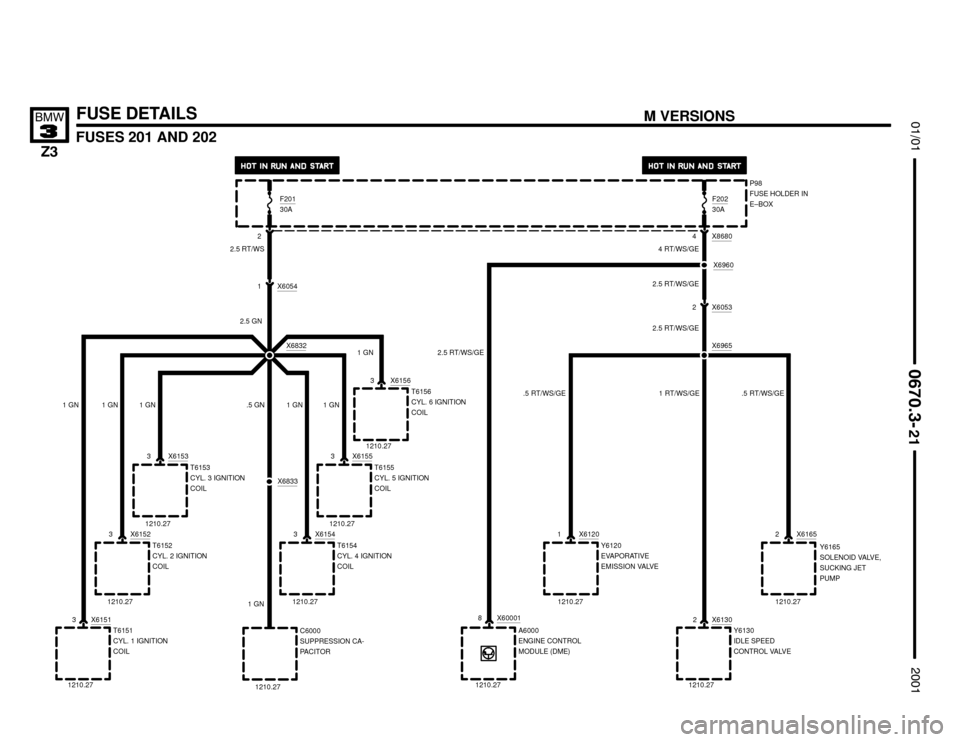 BMW Z3M ROADSTER 2001 E36 Electrical Troubleshooting Manual .5 RT/WS/GE


FUSES 201 AND 202




FUSE DETAILS
P98
FUSE HOLDER IN
E–BOX
X6965
A6000
ENGINE CONTROL
MODULE (DME)
1210.27
X61201
Y6120
EVAPORATIVE
EMISSION VALVE
X61302