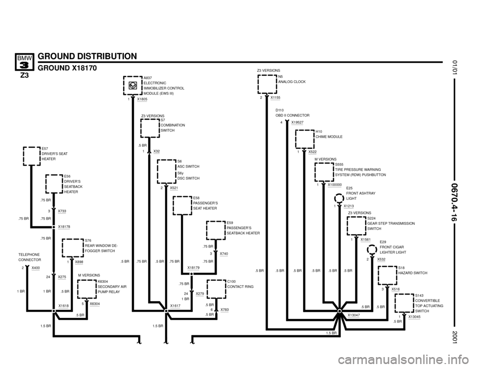 BMW Z3M ROADSTER 2001 E36 Electrical Troubleshooting Manual .75 BR
.5 BR .5 BR 2 X1155
.5 BR
1 BR


GROUND DISTRIBUTION
GROUND X18170






X400
E58
PASSENGER’S
SEAT HEATER S6
ASC SWITCH S7
COMBINATION
SWITCH
X321
X521
2
.75 BR
S