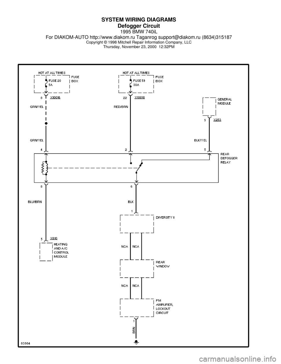 BMW 740il 1995 E38 System Wiring Diagrams SYSTEM WIRING DIAGRAMS
Defogger Circuit
1995 BMW 740iL
For DIAKOM-AUTO http://www.diakom.ru Taganrog support@diakom.ru (8634)315187
Copyright © 1998 Mitchell Repair Information Company, LLC
Thursday,