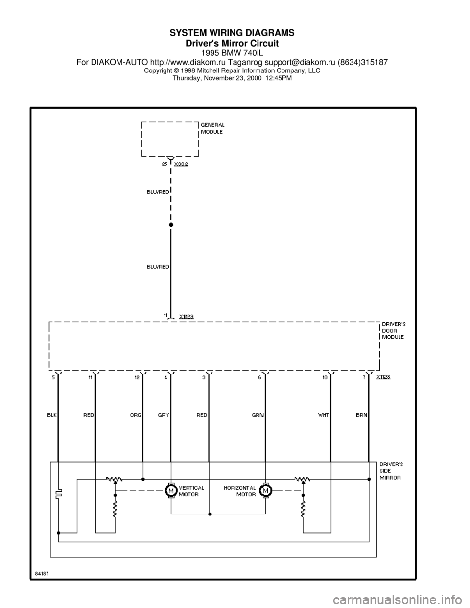 BMW 740il 1995 E38 System Wiring Diagrams SYSTEM WIRING DIAGRAMS
Drivers Mirror Circuit
1995 BMW 740iL
For DIAKOM-AUTO http://www.diakom.ru Taganrog support@diakom.ru (8634)315187
Copyright © 1998 Mitchell Repair Information Company, LLC
Th