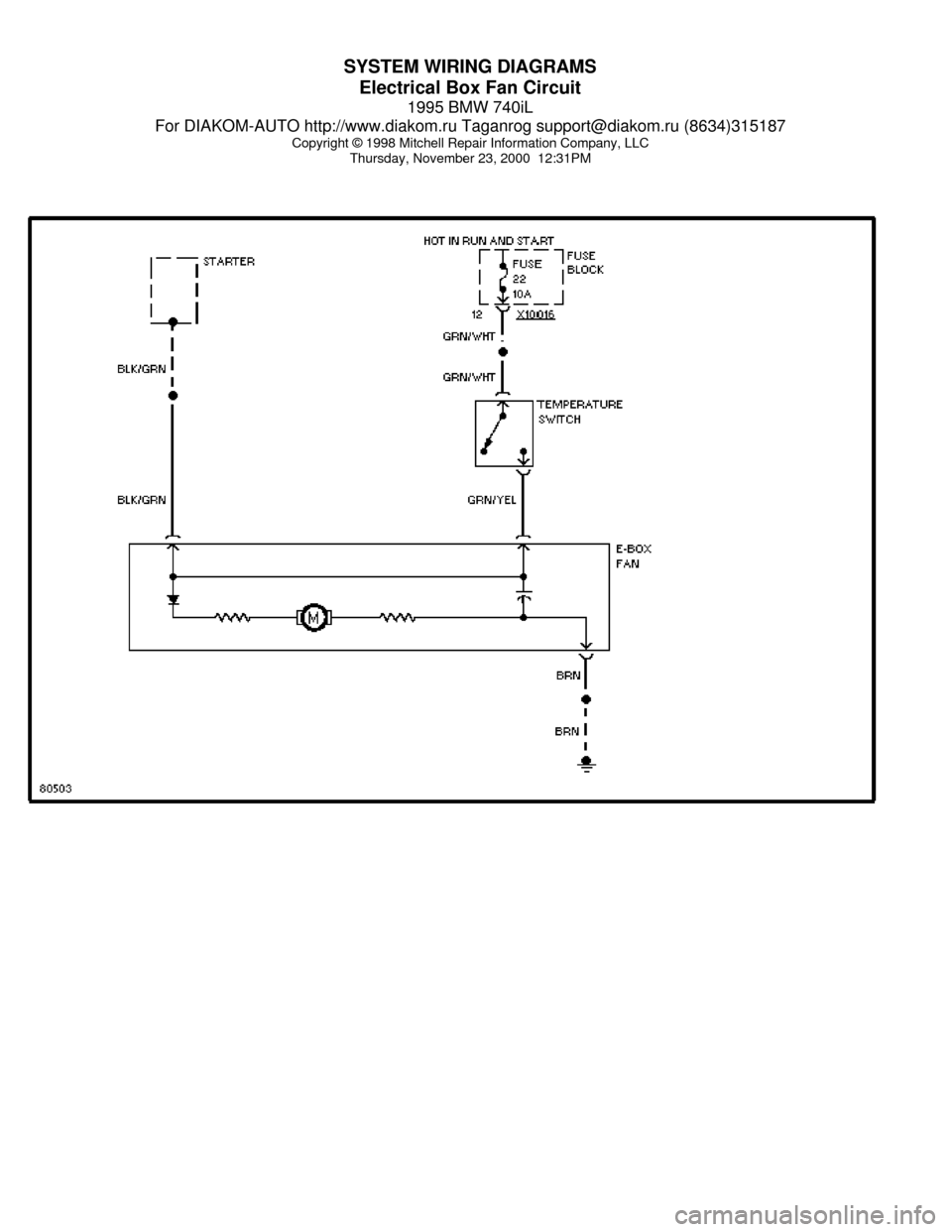 BMW 740il 1995 E38 System Wiring Diagrams SYSTEM WIRING DIAGRAMS
Electrical Box Fan Circuit
1995 BMW 740iL
For DIAKOM-AUTO http://www.diakom.ru Taganrog support@diakom.ru (8634)315187
Copyright © 1998 Mitchell Repair Information Company, LLC