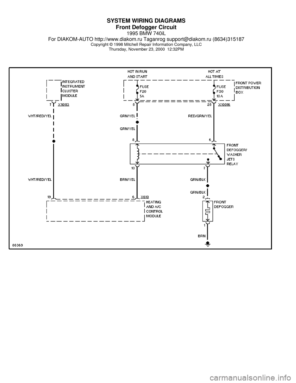 BMW 740il 1995 E38 System Wiring Diagrams SYSTEM WIRING DIAGRAMS
Front Defogger Circuit
1995 BMW 740iL
For DIAKOM-AUTO http://www.diakom.ru Taganrog support@diakom.ru (8634)315187
Copyright © 1998 Mitchell Repair Information Company, LLC
Thu