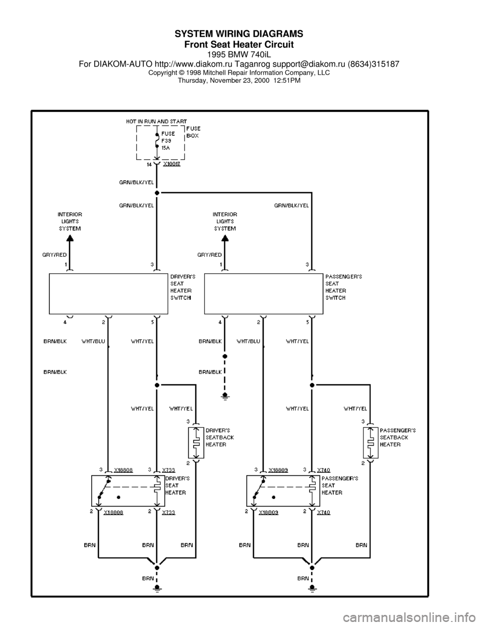 BMW 740il 1995 E38 System Wiring Diagrams SYSTEM WIRING DIAGRAMS
Front Seat Heater Circuit
1995 BMW 740iL
For DIAKOM-AUTO http://www.diakom.ru Taganrog support@diakom.ru (8634)315187
Copyright © 1998 Mitchell Repair Information Company, LLC
