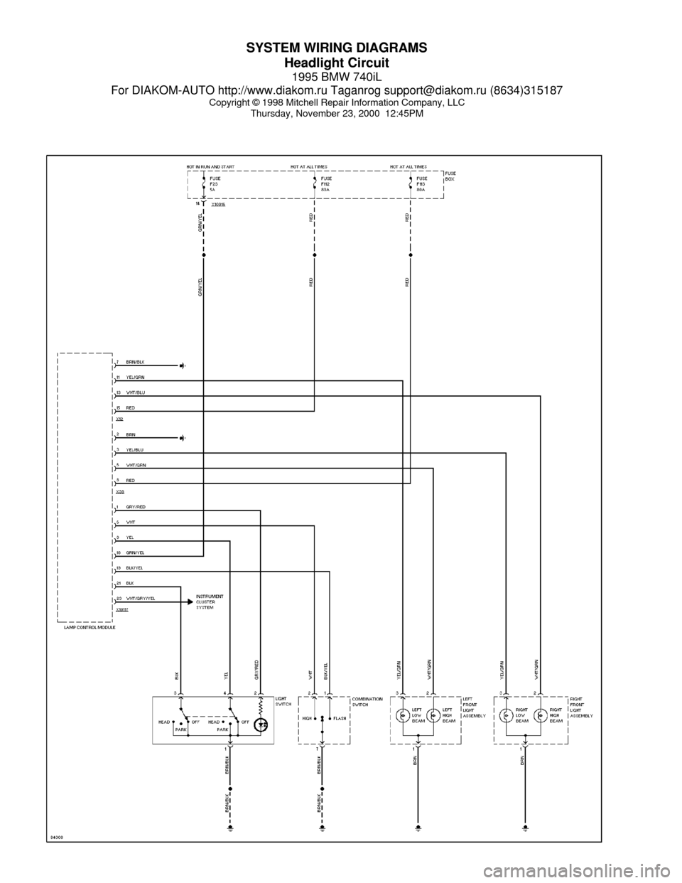 BMW 740il 1995 E38 System Wiring Diagrams SYSTEM WIRING DIAGRAMS
Headlight Circuit
1995 BMW 740iL
For DIAKOM-AUTO http://www.diakom.ru Taganrog support@diakom.ru (8634)315187
Copyright © 1998 Mitchell Repair Information Company, LLC
Thursday