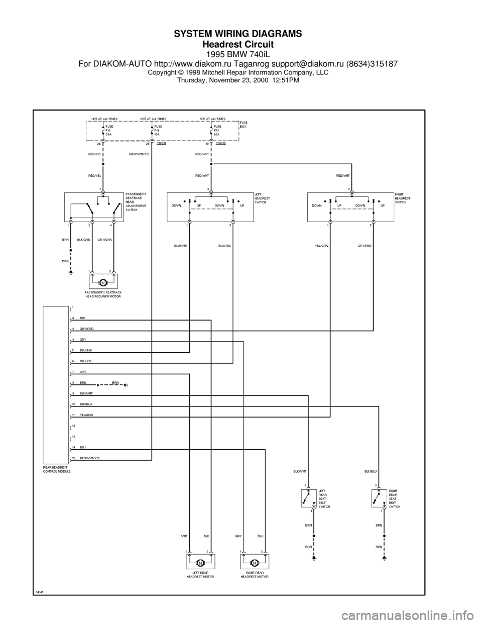 BMW 740il 1995 E38 System Wiring Diagrams SYSTEM WIRING DIAGRAMS
Headrest Circuit
1995 BMW 740iL
For DIAKOM-AUTO http://www.diakom.ru Taganrog support@diakom.ru (8634)315187
Copyright © 1998 Mitchell Repair Information Company, LLC
Thursday,