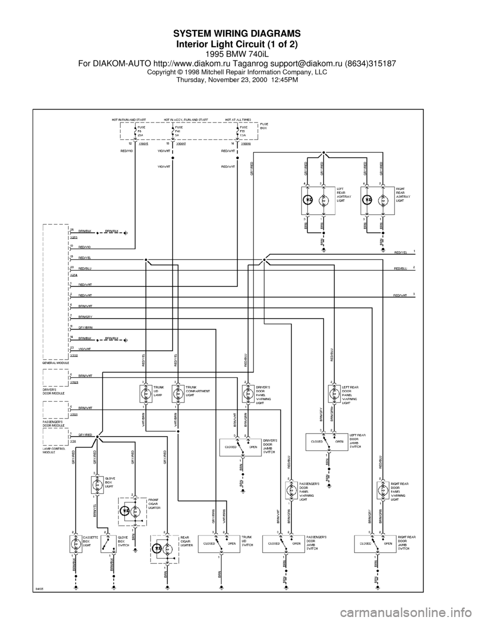 BMW 740il 1995 E38 System Wiring Diagrams SYSTEM WIRING DIAGRAMS
Interior Light Circuit (1 of 2)
1995 BMW 740iL
For DIAKOM-AUTO http://www.diakom.ru Taganrog support@diakom.ru (8634)315187
Copyright © 1998 Mitchell Repair Information Company