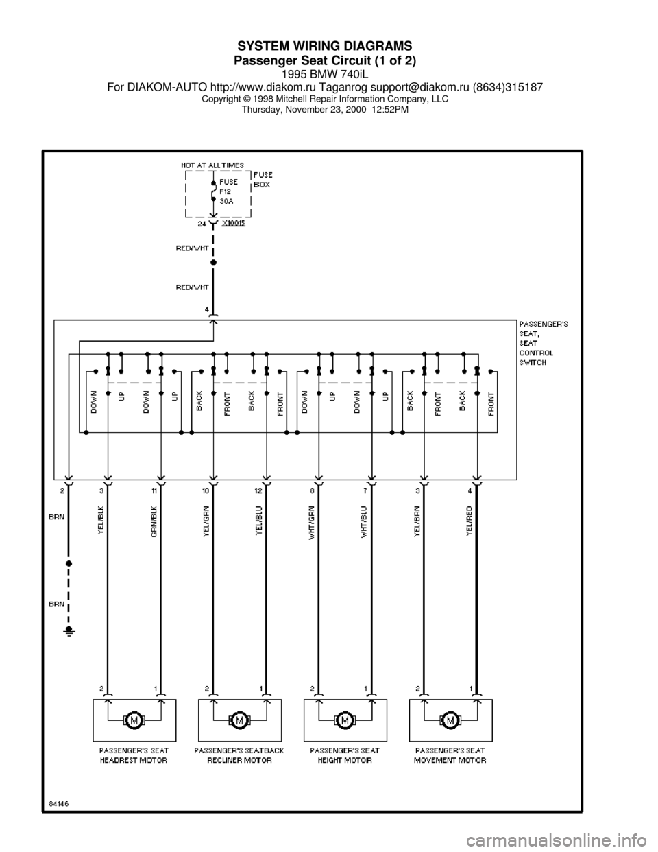 BMW 740il 1995 E38 System Wiring Diagrams SYSTEM WIRING DIAGRAMS
Passenger Seat Circuit (1 of 2)
1995 BMW 740iL
For DIAKOM-AUTO http://www.diakom.ru Taganrog support@diakom.ru (8634)315187
Copyright © 1998 Mitchell Repair Information Company