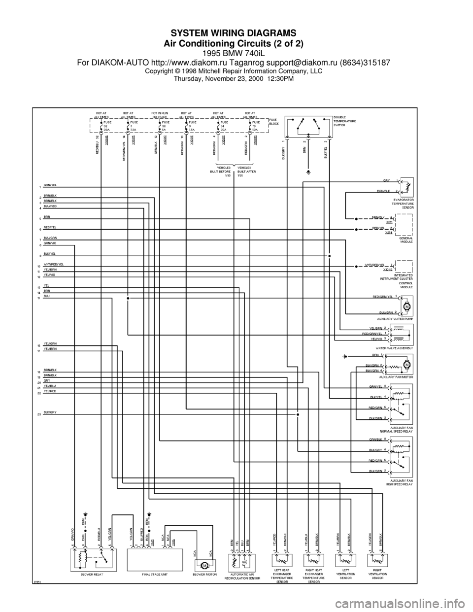 BMW 740il 1995 E38 System Wiring Diagrams SYSTEM WIRING DIAGRAMS
Air Conditioning Circuits (2 of 2)
1995 BMW 740iL
For DIAKOM-AUTO http://www.diakom.ru Taganrog support@diakom.ru (8634)315187
Copyright © 1998 Mitchell Repair Information Comp