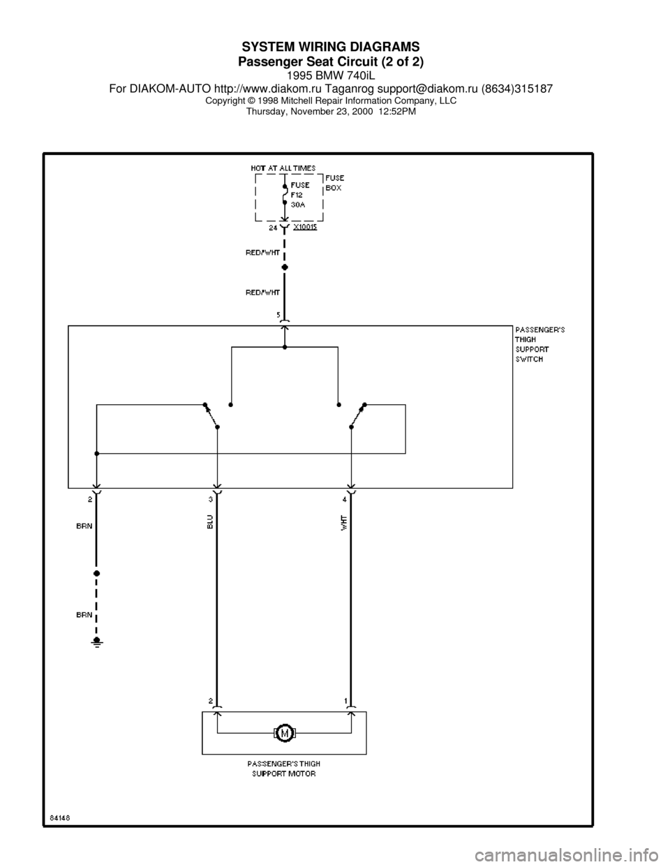 BMW 740il 1995 E38 System Wiring Diagrams SYSTEM WIRING DIAGRAMS
Passenger Seat Circuit (2 of 2)
1995 BMW 740iL
For DIAKOM-AUTO http://www.diakom.ru Taganrog support@diakom.ru (8634)315187
Copyright © 1998 Mitchell Repair Information Company