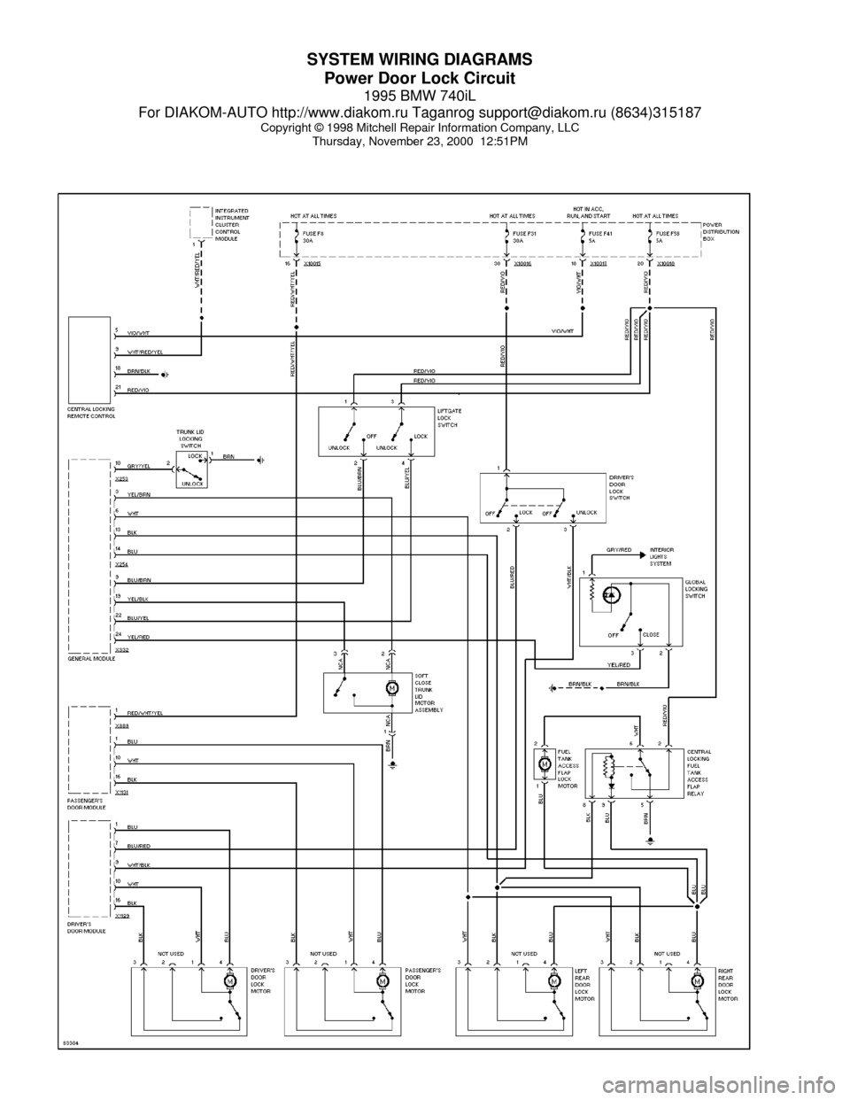 BMW 740il 1995 E38 System Wiring Diagrams SYSTEM WIRING DIAGRAMS
Power Door Lock Circuit
1995 BMW 740iL
For DIAKOM-AUTO http://www.diakom.ru Taganrog support@diakom.ru (8634)315187
Copyright © 1998 Mitchell Repair Information Company, LLC
Th