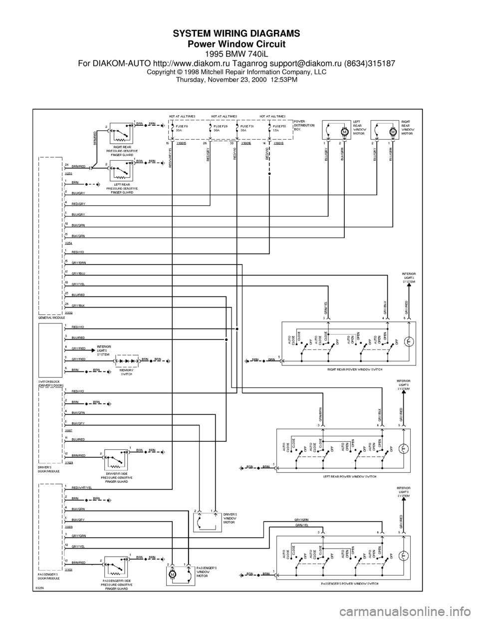 BMW 740il 1995 E38 System Wiring Diagrams SYSTEM WIRING DIAGRAMS
Power Window Circuit
1995 BMW 740iL
For DIAKOM-AUTO http://www.diakom.ru Taganrog support@diakom.ru (8634)315187
Copyright © 1998 Mitchell Repair Information Company, LLC
Thurs