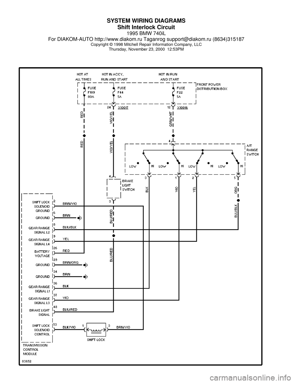 BMW 740il 1995 E38 System Wiring Diagrams SYSTEM WIRING DIAGRAMS
Shift Interlock Circuit
1995 BMW 740iL
For DIAKOM-AUTO http://www.diakom.ru Taganrog support@diakom.ru (8634)315187
Copyright © 1998 Mitchell Repair Information Company, LLC
Th