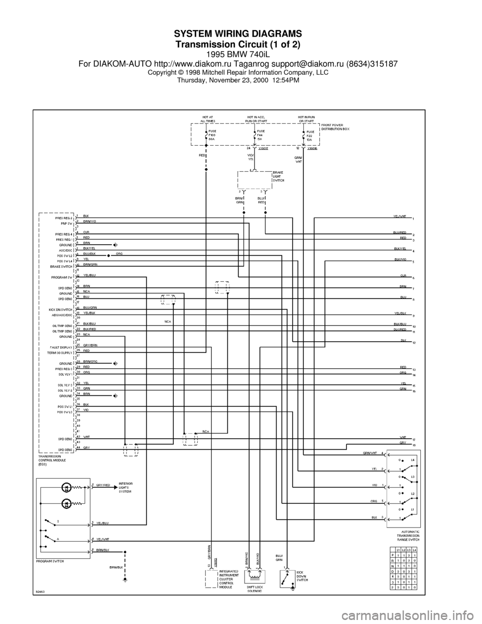 BMW 740il 1995 E38 System Wiring Diagrams SYSTEM WIRING DIAGRAMS
Transmission Circuit (1 of 2)
1995 BMW 740iL
For DIAKOM-AUTO http://www.diakom.ru Taganrog support@diakom.ru (8634)315187
Copyright © 1998 Mitchell Repair Information Company, 