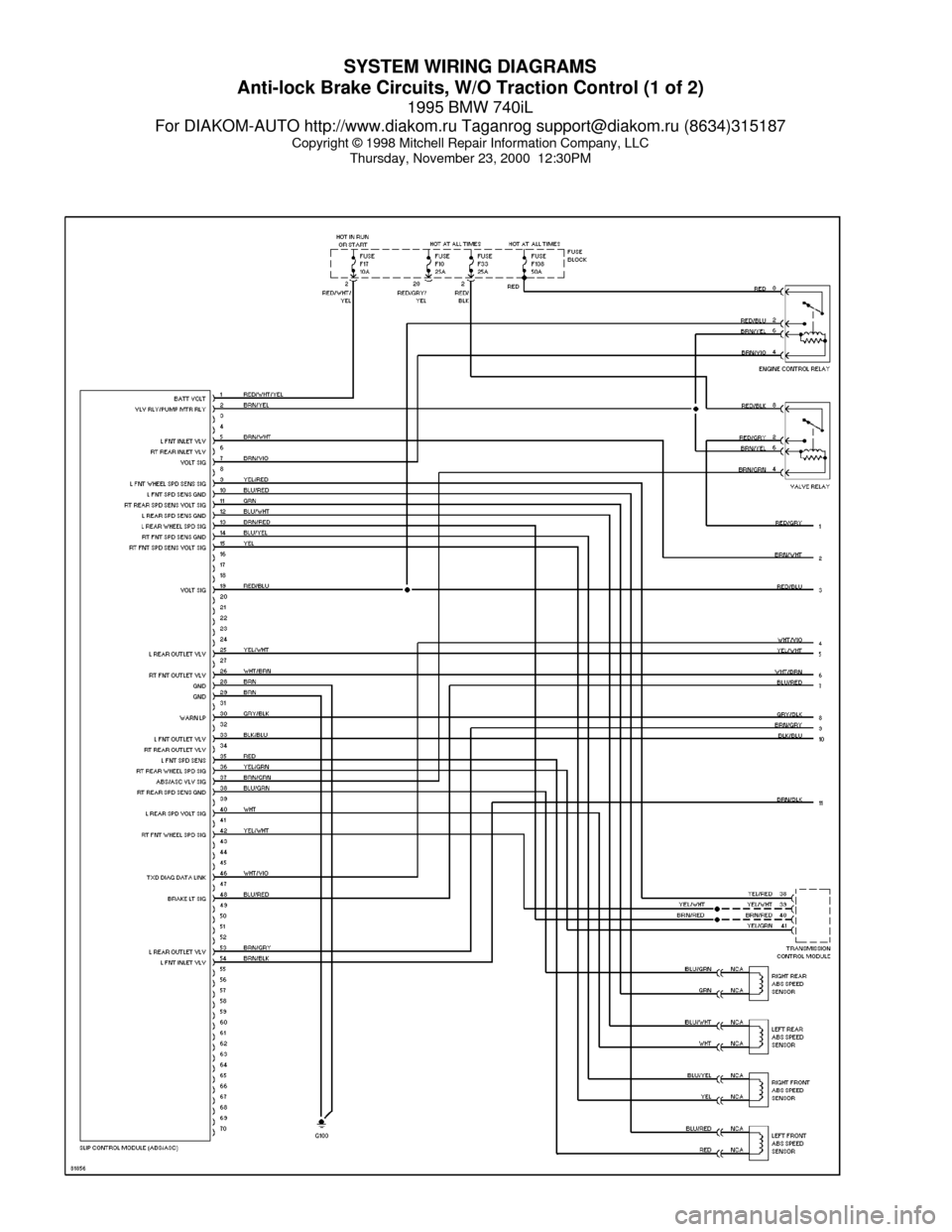 BMW 740il 1995 E38 System Wiring Diagrams SYSTEM WIRING DIAGRAMS
Anti-lock Brake Circuits, W/O Traction Control (1 of 2)
1995 BMW 740iL
For DIAKOM-AUTO http://www.diakom.ru Taganrog support@diakom.ru (8634)315187
Copyright © 1998 Mitchell Re