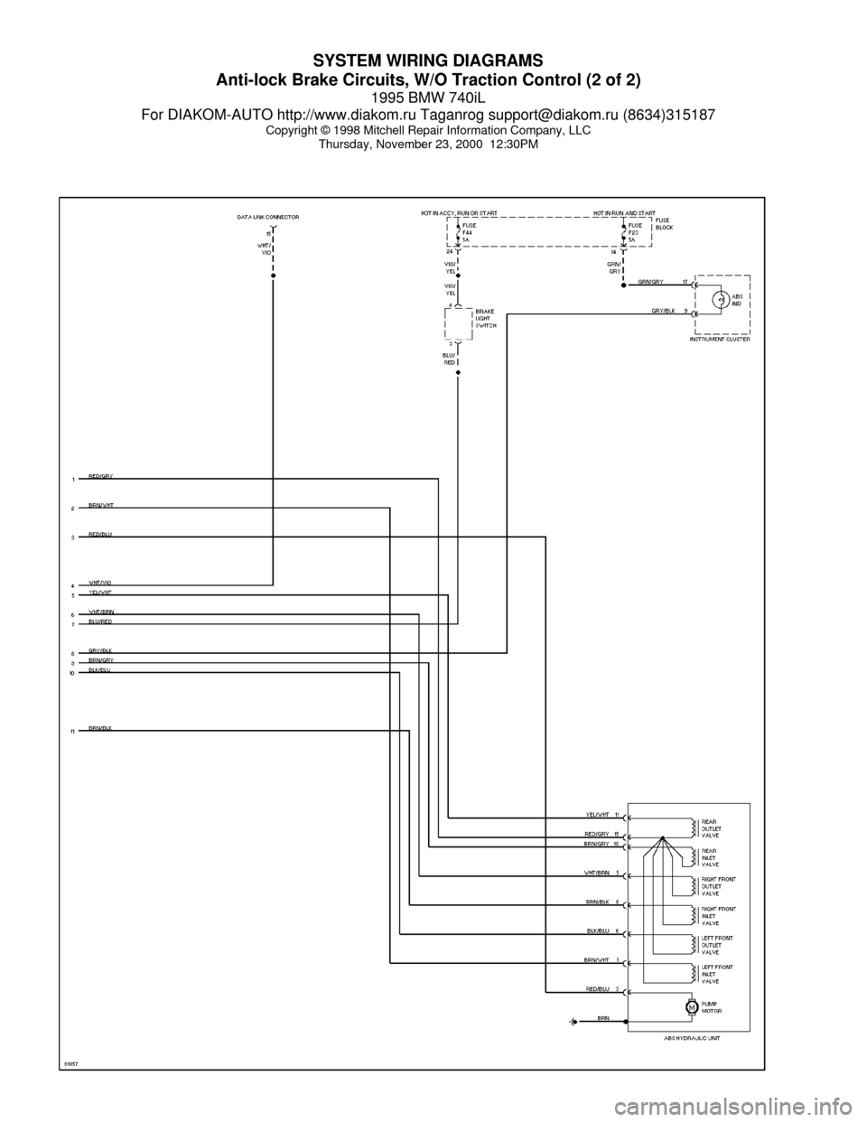 BMW 740il 1995 E38 System Wiring Diagrams SYSTEM WIRING DIAGRAMS
Anti-lock Brake Circuits, W/O Traction Control (2 of 2)
1995 BMW 740iL
For DIAKOM-AUTO http://www.diakom.ru Taganrog support@diakom.ru (8634)315187
Copyright © 1998 Mitchell Re