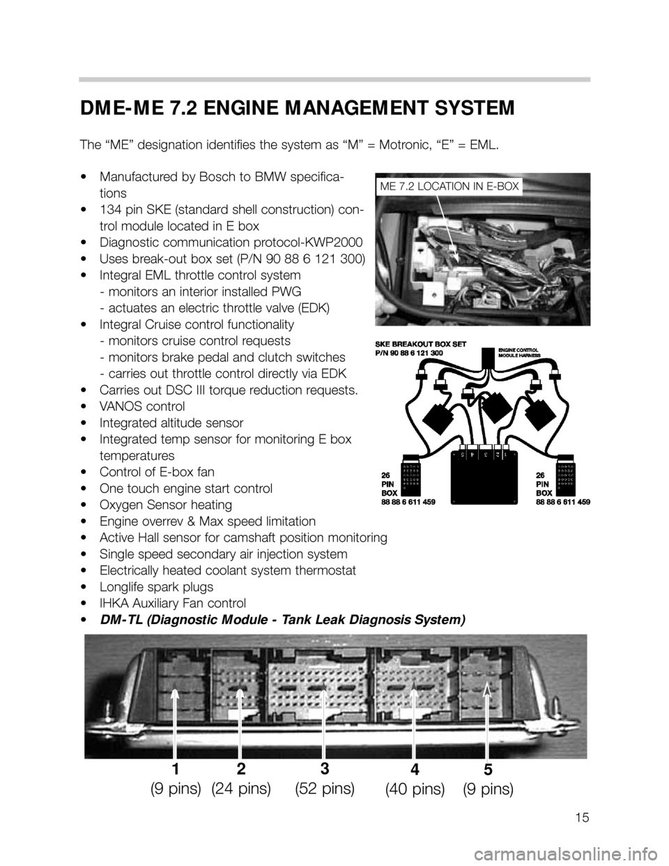 BMW 540i 2001 E39 M62TU Engine Workshop Manual 15
DME-ME 7.2 ENGINE MANAGEMENT SYSTEM
The “ME” designation identifies the system as “M” = Motronic, “E” = EML.
• Manufactured by Bosch to BMW specifica-
tions
• 134 pin SKE (standard 