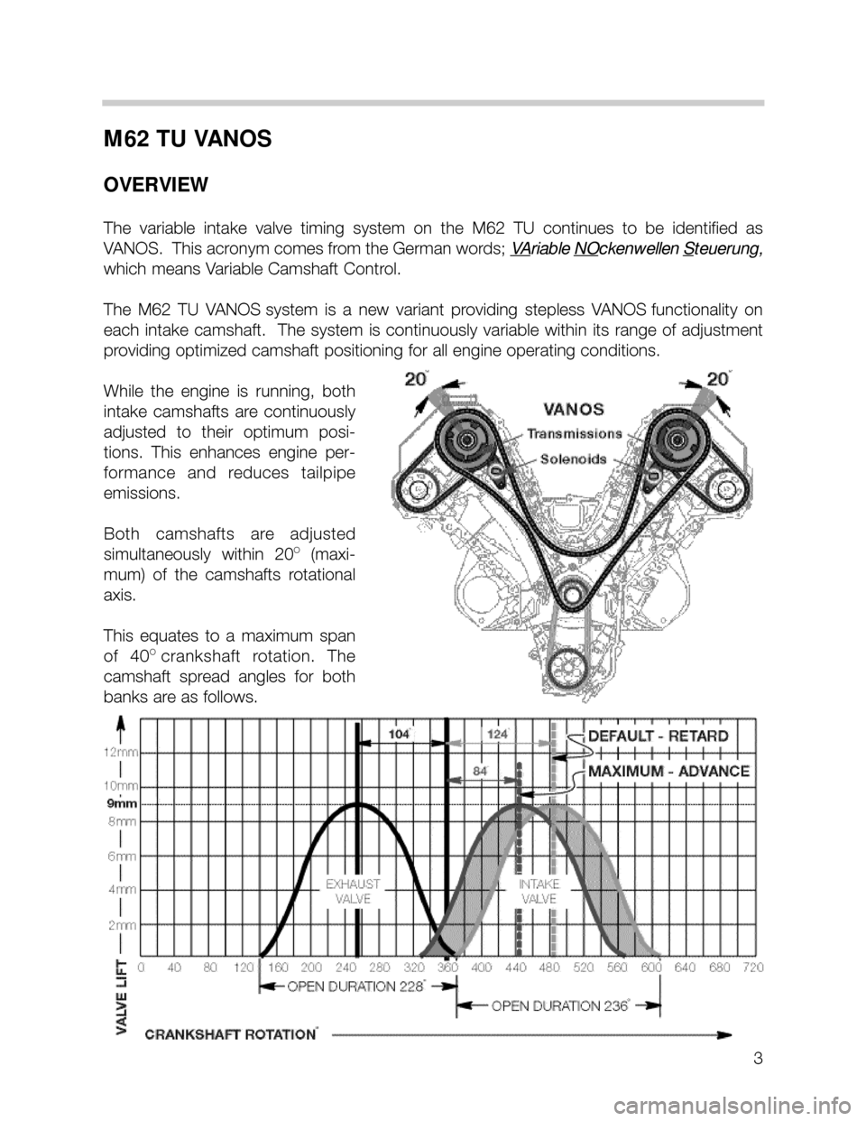 BMW 740i 2001 E38 M62TU Engine Workshop Manual 3
M62 TU VANOS
OVERVIEW
The  variable  intake  valve  timing  system  on  the  M62  TU  continues  to  be  identified  as
VANOS.  This acronym comes from the German words; V
Ariable NOckenwellen Steue