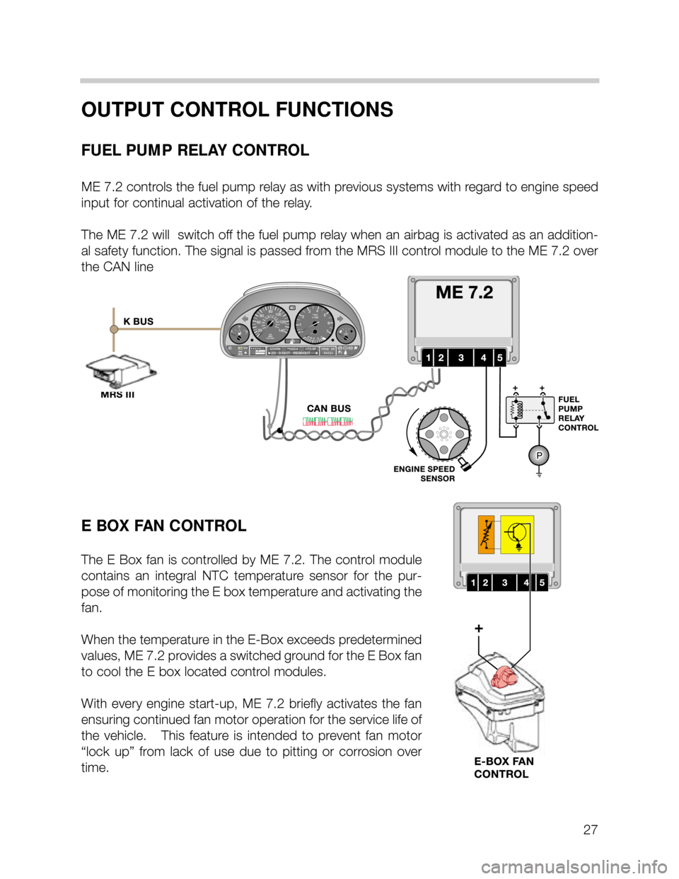 BMW 535i 2000 E39 M62TU Engine Workshop Manual 27
OUTPUT CONTROL FUNCTIONS
FUEL PUMP RELAY CONTROL
ME 7.2 controls the fuel pump relay as with previous systems with regard to engine speed
input for continual activation of the relay.  
The ME 7.2 w