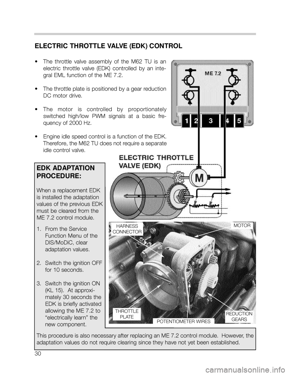 BMW 740i 2000 E38 M62TU Engine User Guide 30
ELECTRIC THROTTLE VALVE (EDK) CONTROL
• The  throttle  valve  assembly  of  the  M62  TU  is  an
electric  throttle  valve  (EDK)  controlled  by  an  inte-
gral EML function of the ME 7.2.  
•