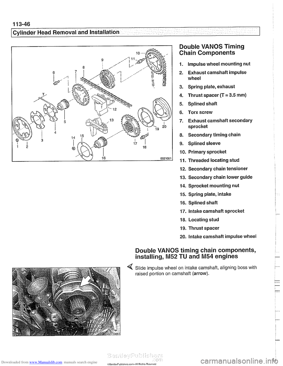 BMW 525i 2001 E39 User Guide Downloaded from www.Manualslib.com manuals search engine 
1 13-46 
Cylinder  Head Removal and Installation 
Double 
VANOS Timing 
Chain Components 
1.  Impulse  wheel mounting  nut 
2.  Exhaust  camsh