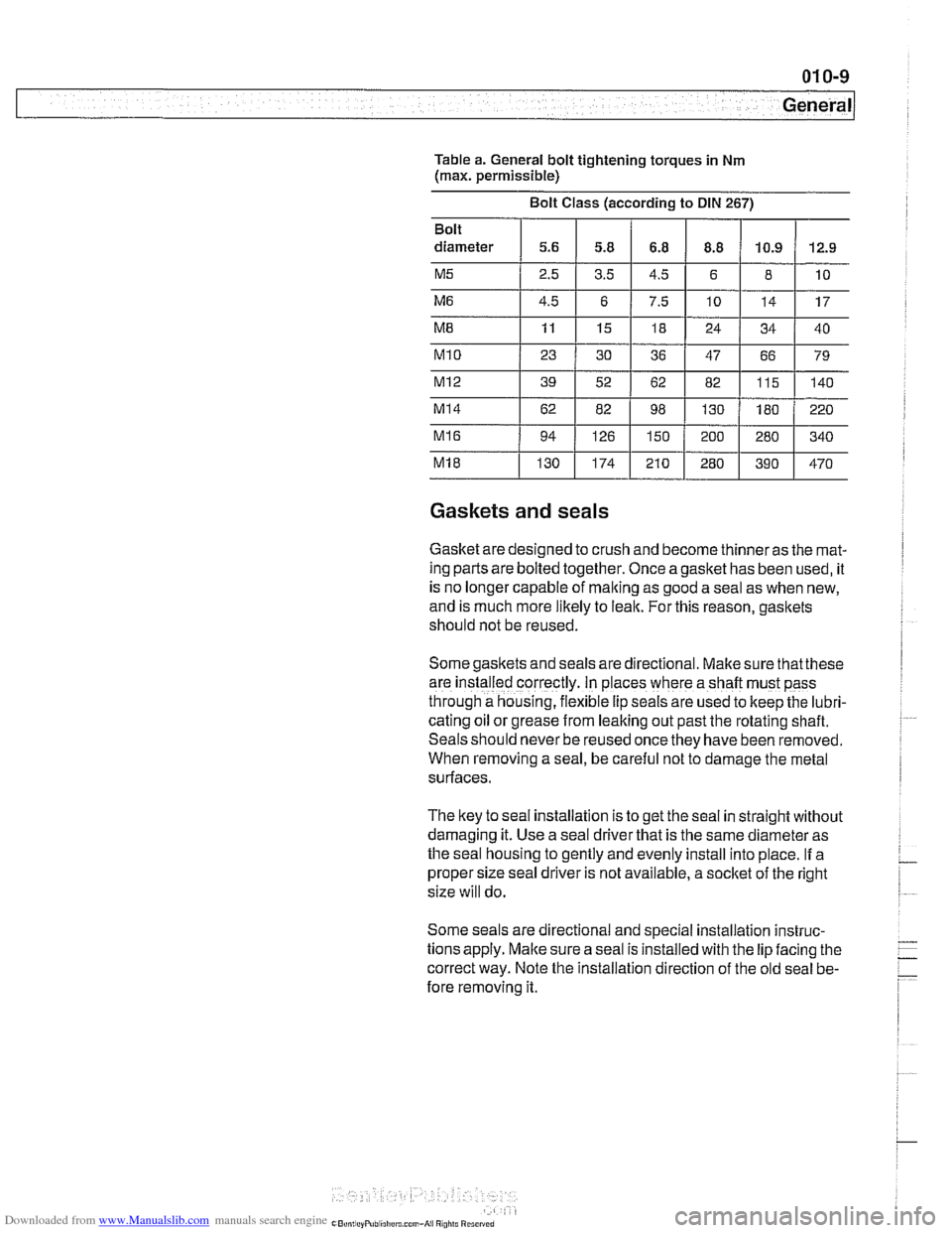 BMW 525i 1999 E39 Workshop Manual Downloaded from www.Manualslib.com manuals search engine
General
Table a. General bolt tightening torques in Nm
(max. permissible)
Bolt Class (according to DIN
267)
Gaskets and seals
Gasket BMW 525i 1999 E39 Workshop Manual Downloaded from www.Manualslib.com manuals search engine
General
Table a. General bolt tightening torques in Nm
(max. permissible)
Bolt Class (according to DIN
267)
Gaskets and seals
Gasket