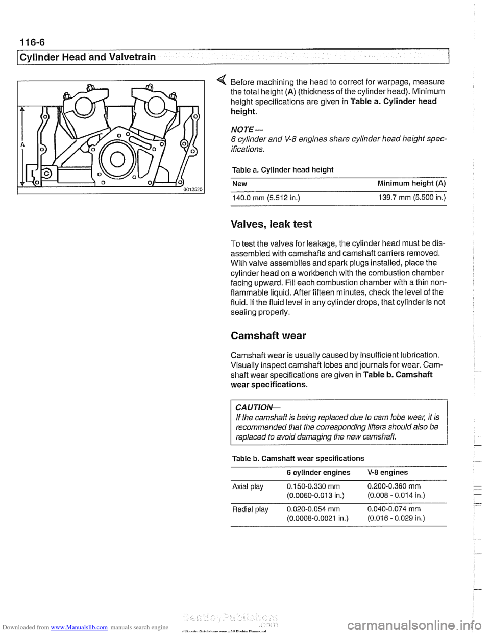 BMW 525i 1998 E39 Workshop Manual Downloaded from www.Manualslib.com manuals search engine
11 6-6
Cylinder Head and Valvetrain
4 Before machining the head to correct for warpage, measure
the total height
(A) (thickness of t BMW 525i 1998 E39 Workshop Manual Downloaded from www.Manualslib.com manuals search engine
11 6-6
Cylinder Head and Valvetrain
4 Before machining the head to correct for warpage, measure
the total height
(A) (thickness of t