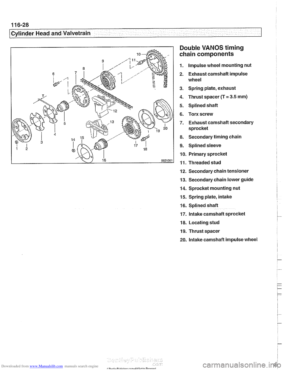 BMW 540i 1998 E39 Workshop Manual Downloaded from www.Manualslib.com manuals search engine
11 6-28
Cylinder Head and Valvetrain
Double
VANOS timing
chain components
1. Impulse wheel mounting nut
2. Exhaust camshaft impulse BMW 540i 1998 E39 Workshop Manual Downloaded from www.Manualslib.com manuals search engine
11 6-28
Cylinder Head and Valvetrain
Double
VANOS timing
chain components
1. Impulse wheel mounting nut
2. Exhaust camshaft impulse