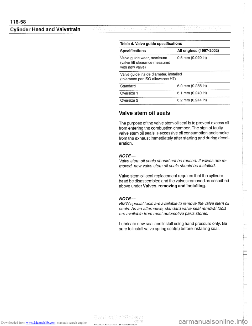 BMW 540i 1998 E39 Workshop Manual Downloaded from www.Manualslib.com manuals search engine
Table d. Valve guide specifications
Specifications
All engines (1997-2002)
Valve guide wear, maximum 0.5 mrn (0.020 in)
(valve tilt cl BMW 540i 1998 E39 Workshop Manual Downloaded from www.Manualslib.com manuals search engine
Table d. Valve guide specifications
Specifications
All engines (1997-2002)
Valve guide wear, maximum 0.5 mrn (0.020 in)
(valve tilt cl