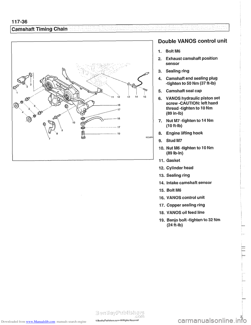 BMW 525i 2001 E39 Service Manual Downloaded from www.Manualslib.com manuals search engine 
1 17-36 
Camshaft Timing Chain 
1 Double VANOS control  unit 
1. BoltM6 
2. Exhaust camshaft  position 
sensor 
3.  Sealing  ring 
4. Camshaft
