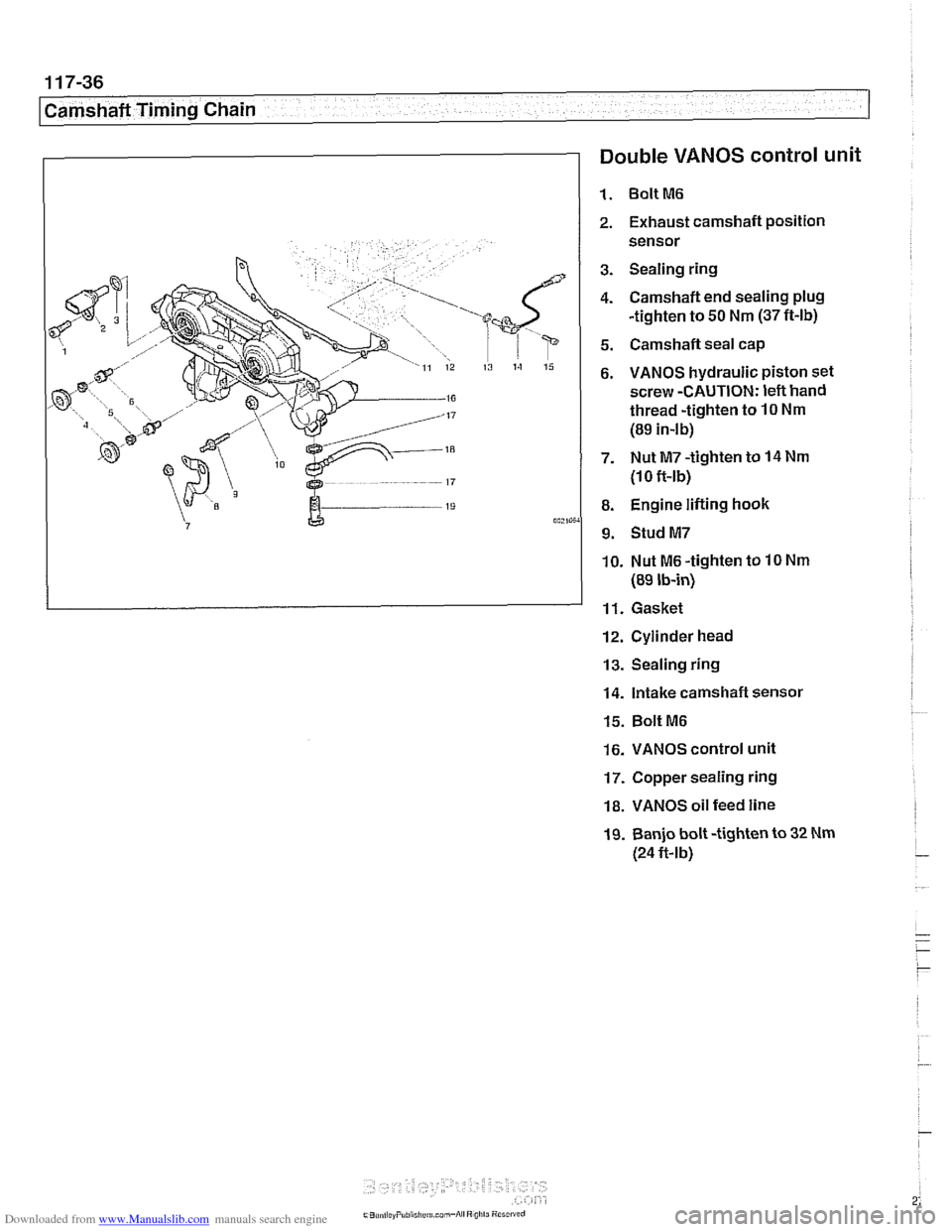 BMW 525i 2000 E39 Service Manual Downloaded from www.Manualslib.com manuals search engine
1 17-36
Camshaft Timing Chain
1 Double VANOS control unit
1. BoltM6
2. Exhaust camshaft position
sensor
3. Sealing ring
4. Camshaft BMW 525i 2000 E39 Service Manual Downloaded from www.Manualslib.com manuals search engine
1 17-36
Camshaft Timing Chain
1 Double VANOS control unit
1. BoltM6
2. Exhaust camshaft position
sensor
3. Sealing ring
4. Camshaft