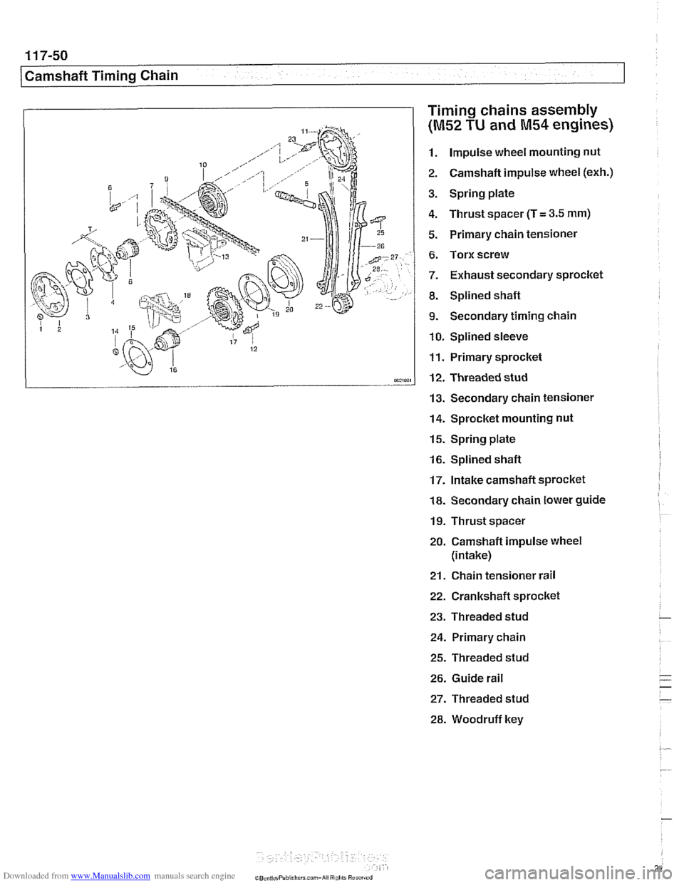 BMW 540i 1998 E39 Workshop Manual Downloaded from www.Manualslib.com manuals search engine
11 7-50
/Camshaft Timing Chain
Timing chains assembly
(M52 TU and M54 engines)
1. Impulse wheel mounting nut
2. Camshaft impulse whee BMW 540i 1998 E39 Workshop Manual Downloaded from www.Manualslib.com manuals search engine
11 7-50
/Camshaft Timing Chain
Timing chains assembly
(M52 TU and M54 engines)
1. Impulse wheel mounting nut
2. Camshaft impulse whee