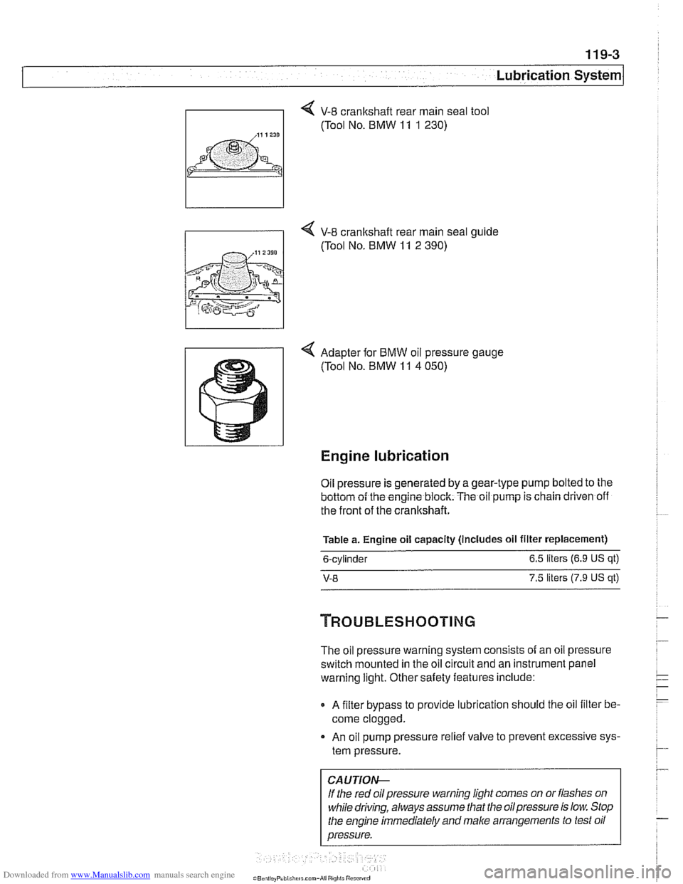 BMW 528i 1998 E39 Workshop Manual Downloaded from www.Manualslib.com manuals search engine 
1 19-3 
Lubrication System 
V-8 crankshaft rear main seal tool 
(Tool  No. BMW 
11 1 230) 
I i 4 V-8 crankshaft rear  main seal ouide 
4 Adapt