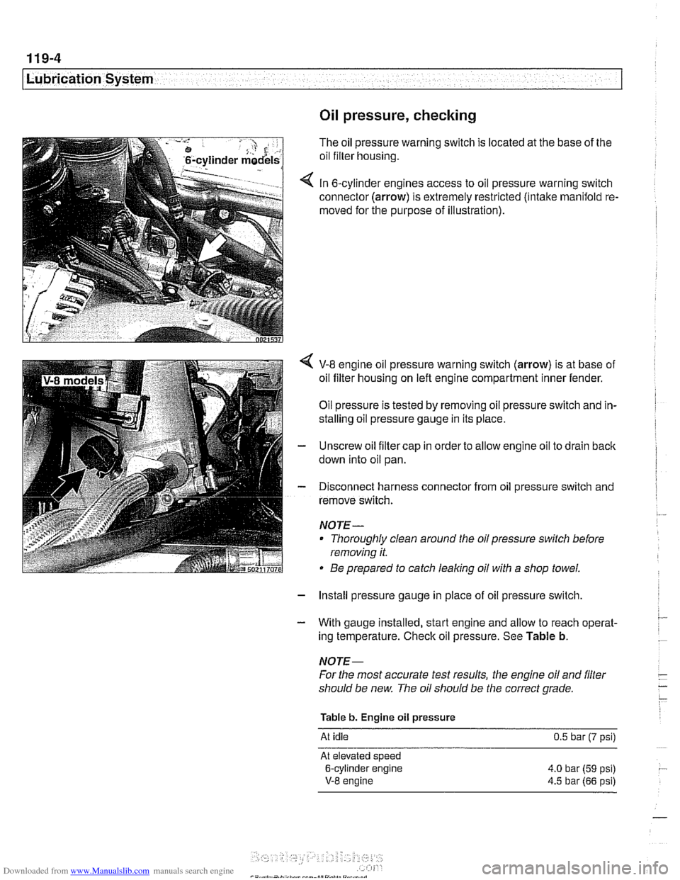 BMW 525i 1997 E39 Workshop Manual Downloaded from www.Manualslib.com manuals search engine 
- 
I Lubrication System - I 
Oil pressure, checking 
The oil pressure warning switch is  located at the  base  of the 
oil filter housing. 
In