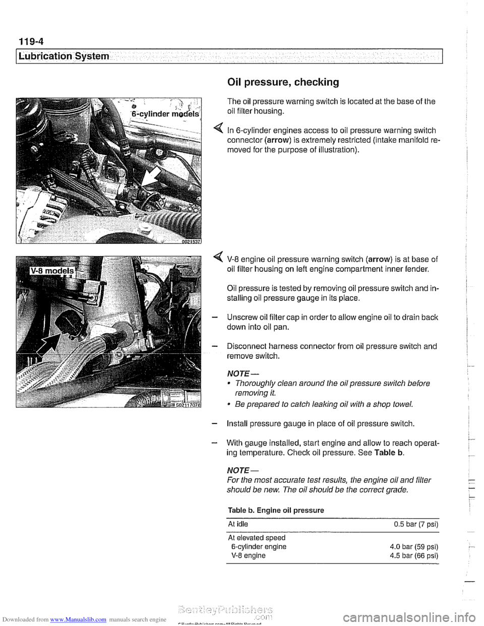 BMW 525i 1999 E39 Workshop Manual Downloaded from www.Manualslib.com manuals search engine
-
I Lubrication System - I
Oil pressure, checking
The oil pressure warning switch is located at the base of the
oil filter housing.
In BMW 525i 1999 E39 Workshop Manual Downloaded from www.Manualslib.com manuals search engine
-
I Lubrication System - I
Oil pressure, checking
The oil pressure warning switch is located at the base of the
oil filter housing.
In