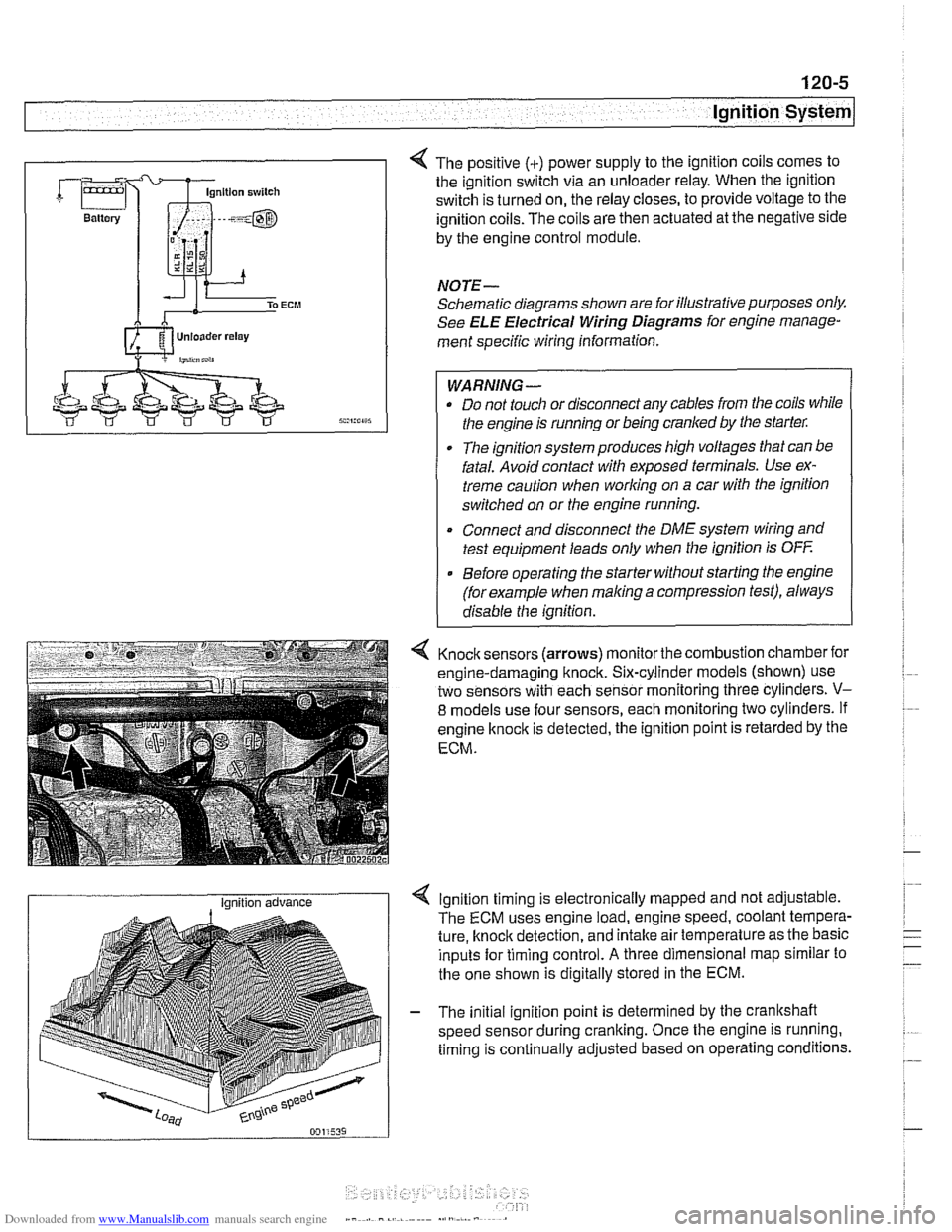 BMW 525i 1999 E39 Workshop Manual Downloaded from www.Manualslib.com manuals search engine
Lnition switch
4 The positive (+) power supply to the ignition coils comes to
the ignition switch via an unloader relay. When the ignit BMW 525i 1999 E39 Workshop Manual Downloaded from www.Manualslib.com manuals search engine
Lnition switch
4 The positive (+) power supply to the ignition coils comes to
the ignition switch via an unloader relay. When the ignit