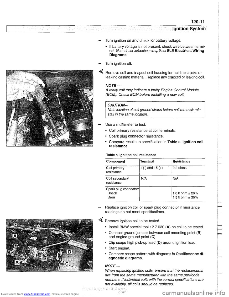 BMW 540i 1998 E39 Workshop Manual Downloaded from www.Manualslib.com manuals search engine 
Ignition System 
- Turn ignition on and  check for battery voltage, 
If  battery voltage is not present, 
checlt wire between  termi- 
nal 
15