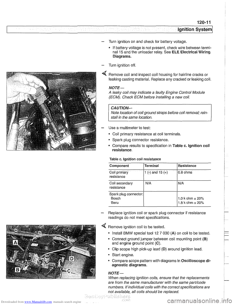 BMW 525i 1999 E39 Workshop Manual Downloaded from www.Manualslib.com manuals search engine
Ignition System
- Turn ignition on and check for battery voltage,
If battery voltage is not present,
checlt wire between termi-
nal
15 BMW 525i 1999 E39 Workshop Manual Downloaded from www.Manualslib.com manuals search engine
Ignition System
- Turn ignition on and check for battery voltage,
If battery voltage is not present,
checlt wire between termi-
nal
15