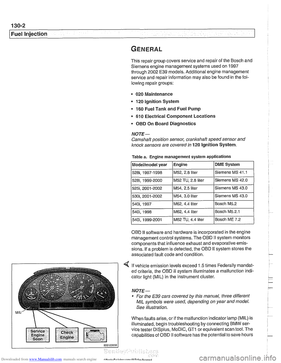 BMW 525i 2000 E39 Repair Manual Downloaded from www.Manualslib.com manuals search engine
130-2
/Fuel Injection
This repair group covers service and repair of the Bosch and
Siemens engine management systems used on
1997
thr BMW 525i 2000 E39 Repair Manual Downloaded from www.Manualslib.com manuals search engine
130-2
/Fuel Injection
This repair group covers service and repair of the Bosch and
Siemens engine management systems used on
1997
thr