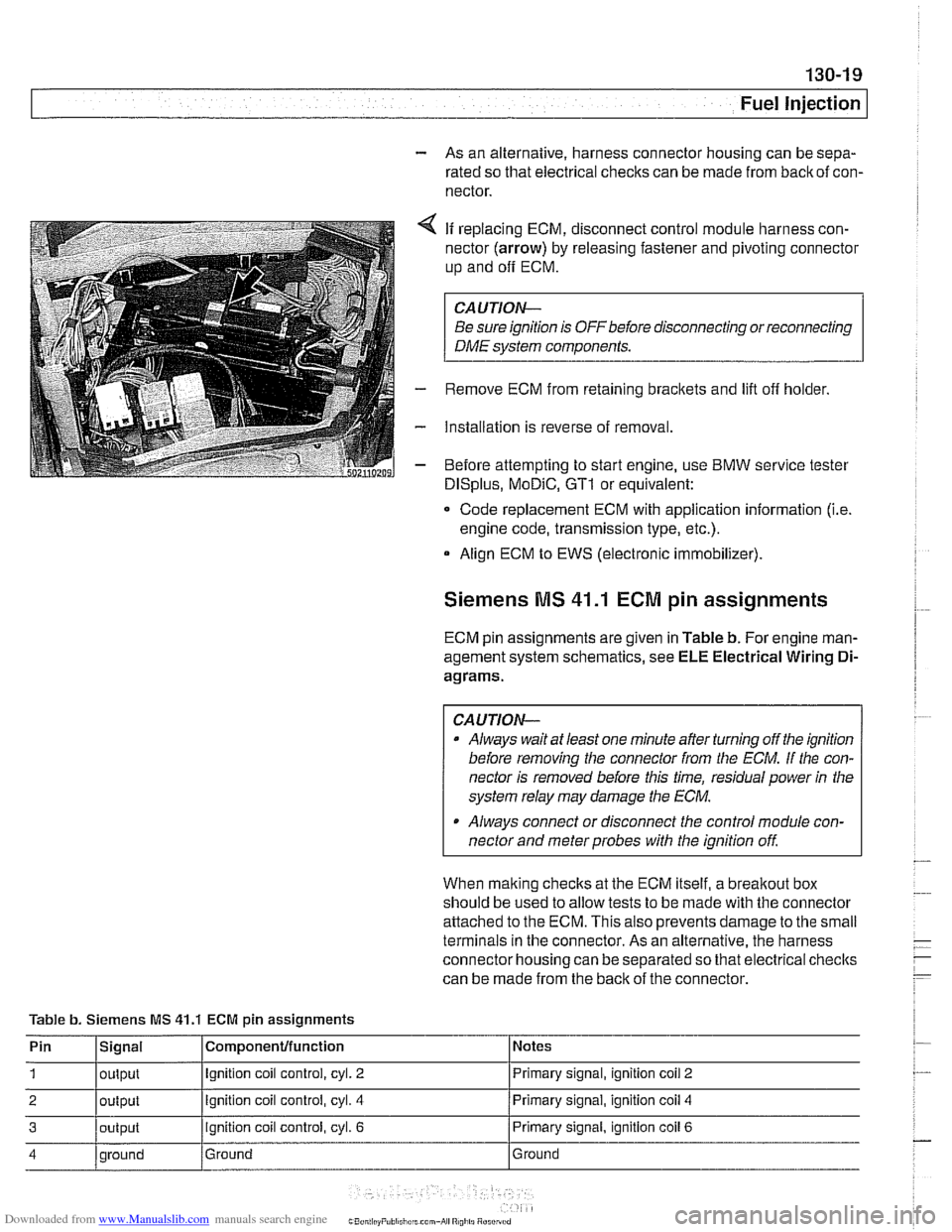 BMW 528i 1997 E39 Workshop Manual Downloaded from www.Manualslib.com manuals search engine
Fuel Injection I
- As an alternative, harness connector housing can be sepa-
rated so that electrical
checlts can be made from backof co BMW 528i 1997 E39 Workshop Manual Downloaded from www.Manualslib.com manuals search engine
Fuel Injection I
- As an alternative, harness connector housing can be sepa-
rated so that electrical
checlts can be made from backof co