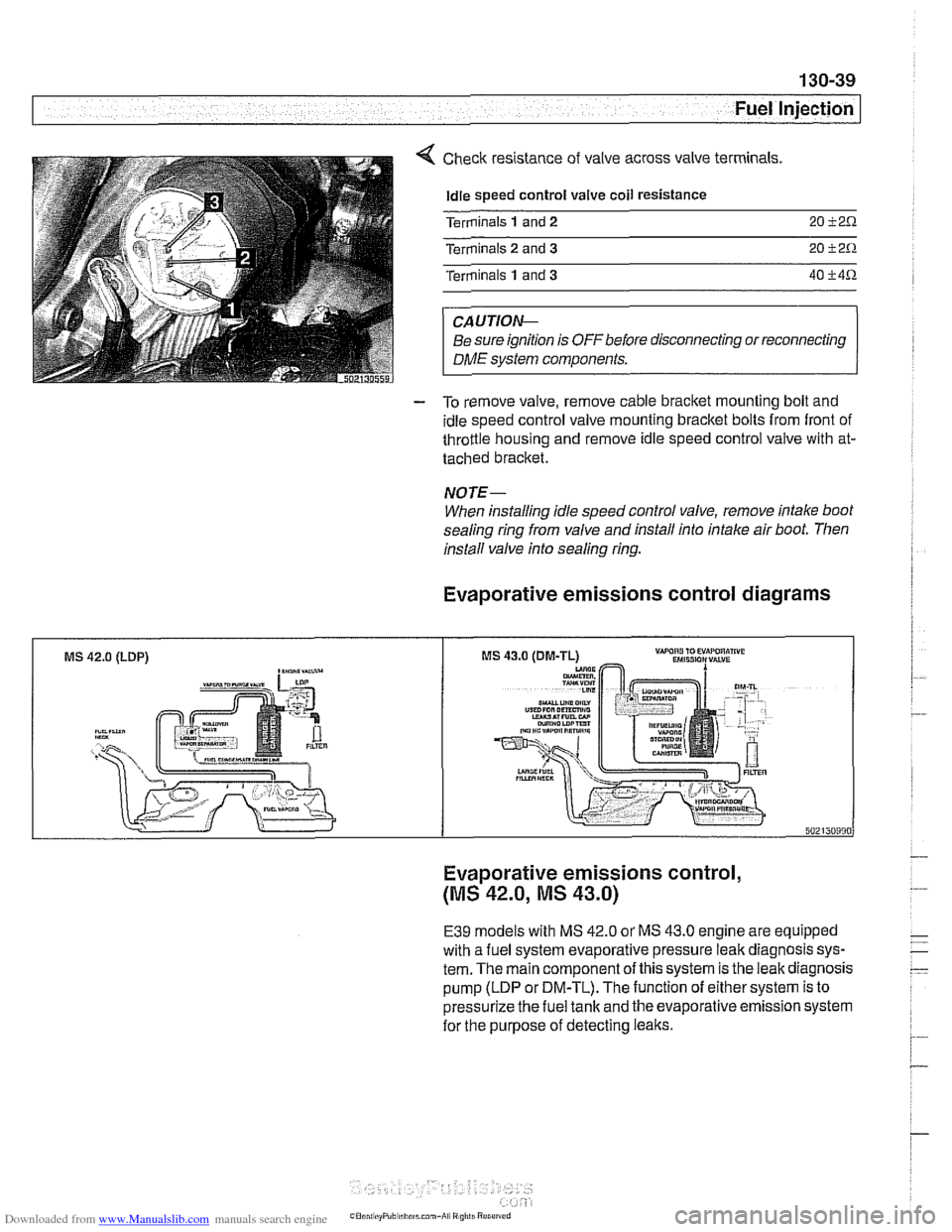BMW 528i 1998 E39 Workshop Manual Downloaded from www.Manualslib.com manuals search engine
. .
Fuel Injection
Check resistance of valve across valve terminals
Idle speed control valve coil resistance
Terminals
1 and 2 20 i2 BMW 528i 1998 E39 Workshop Manual Downloaded from www.Manualslib.com manuals search engine
. .
Fuel Injection
Check resistance of valve across valve terminals
Idle speed control valve coil resistance
Terminals
1 and 2 20 i2